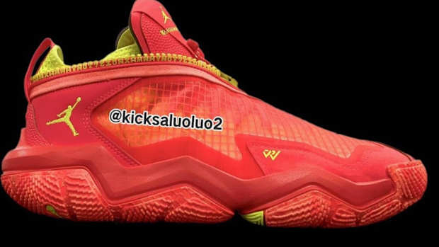 Red and yellow Jordan shoe.